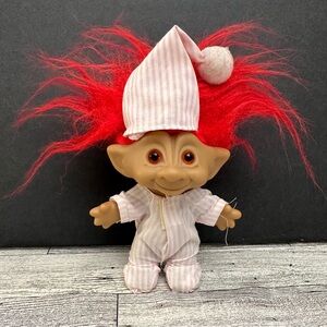 VTG Heart Wishstone Treasure Troll Doll Pink Striped Pajamas & Night Cap
